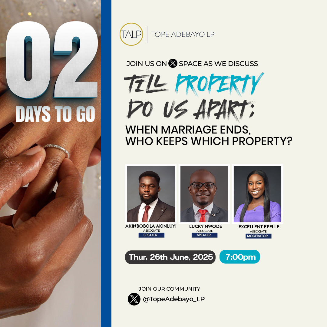 TopeAdebayo_LP's tweet image. 2 days left!

Join seasoned dispute resolution lawyers in our X Space as they unpack property settlement in matrimonial law.

Discover how Nigerian courts divide assets!

Click the link below to set a reminder.

x.com/i/spaces/1mnxe……

#DivorceLaw #PropertySettlement