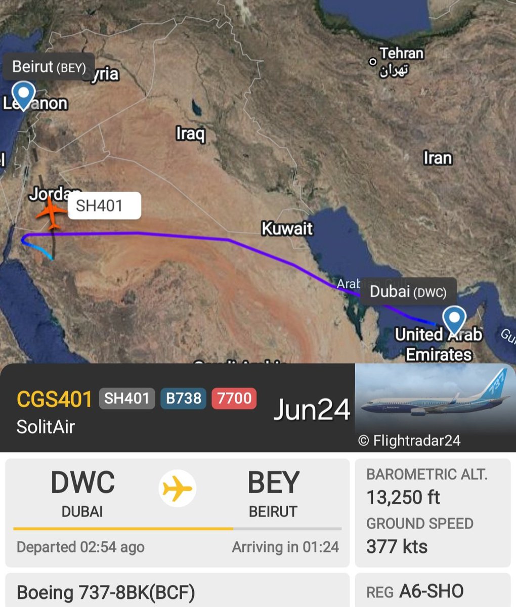 LebanonJets's tweet photo. EMERGENCY 7700 #A6SHO SolitAir 737-800F around Tabuk Saudi Arabia on a 2nd trip to Beirut from Dubai(DWC) as #SH401 https://t.co/jNlCHBTAa9 https://t.co/M8C2nb4kkO