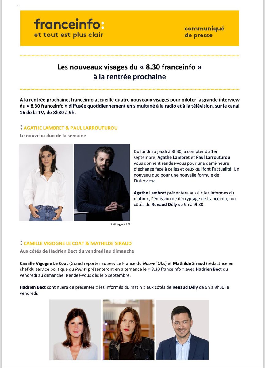PaulLarrouturou's tweet image. 🎙️Heureux & honoré de former un duo avec la brillante @AgatheLambret à la présentation du 8.30 de @franceinfo
📻 📺📲Du lundi au jeudi,en direct.
🙏 Merci @AgnesVahramian pour ce beau défi
👏 Le week-end, place à @Mathilde_Sd @Camille_Vigogne @HadrienBect
⏰ RDV le 1er septembre!