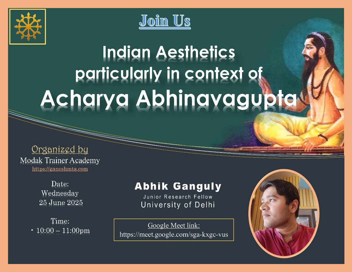 I'll be delivering a guest lecture on Abhinavagupta and Indian Aesthetics tomorrow at 10 PM IST.

If Abhinavagupta and Indian Aesthetics pique your interest, then do join us tomorrow at this link -  meet.google.com/sga-kxgc-vus

Would love to hear from you ❤️🙏