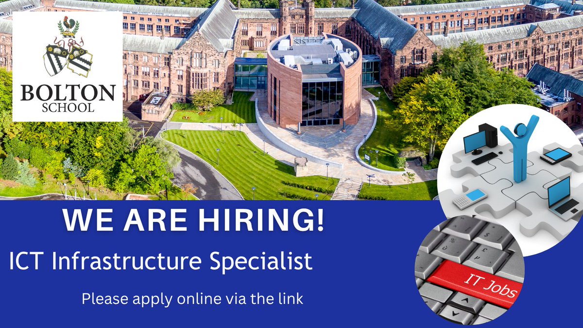BoltonSch's tweet image. We are hiring! We are currently looking for an ICT Infrastructure Specialist to work in the ICT Department on a permanent basis.
Please click here to apply: bit.ly/4ljLU9E
#hiring #boltonjobs #recruitment #ICT #ICTinfrastructure #informationtechnology