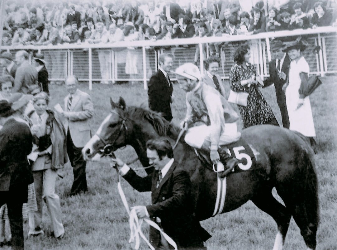 The Minstrel (Lester) is pictured just prior to his length-and-a-half defeat of Lucky Sovereign in the 1977 Irish Derby.
An objection by Frankie Durr on the runner-up for "taking my ground inside the final furlong" was overruled.