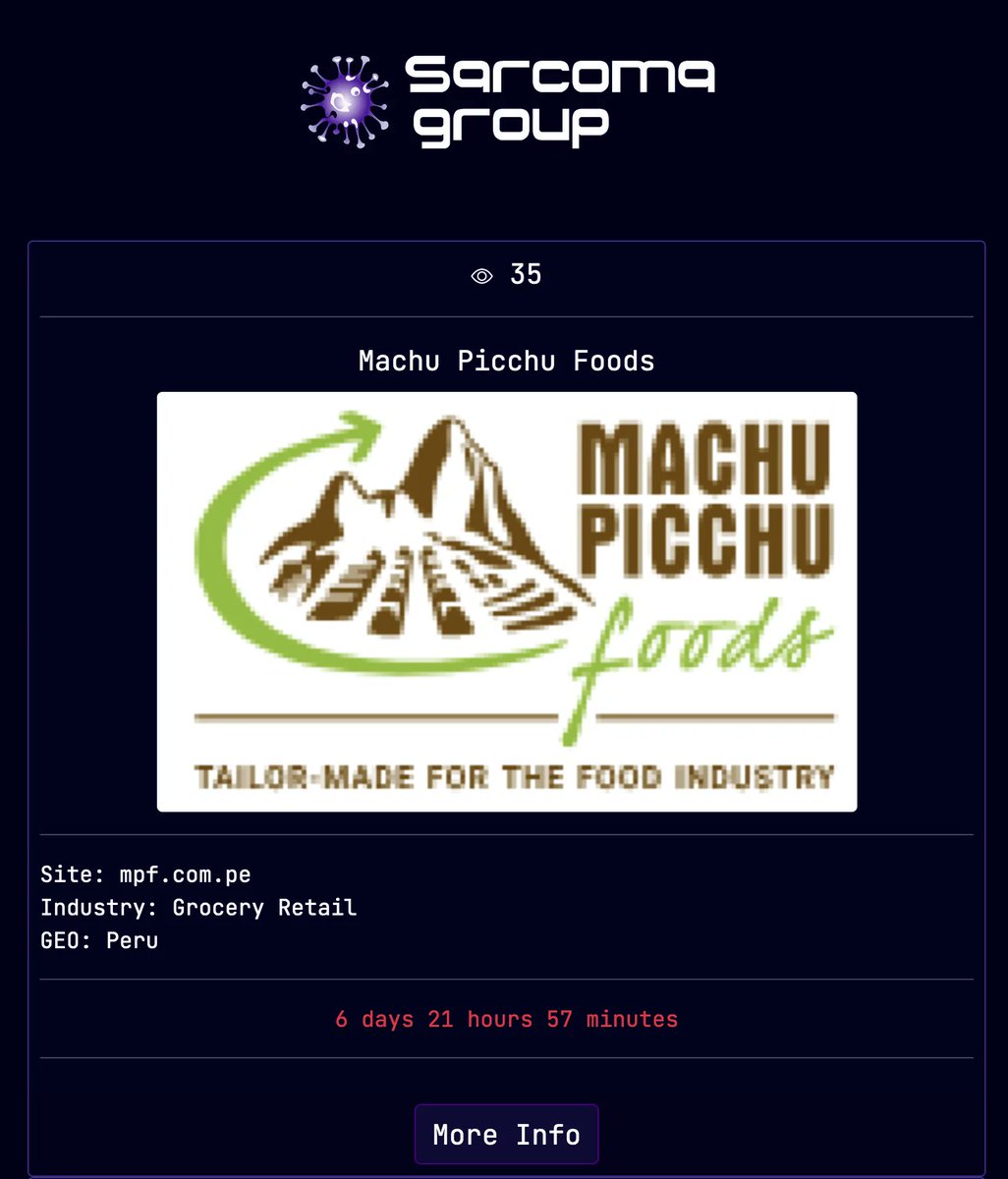 Peruvian Chocolate Giant Machu Picchu Foods Allegedly Hit by Sarcoma Ransomware Attack dailydarkweb.net/peruvian-choco…