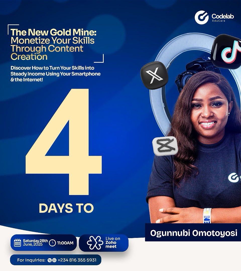 CodeLabEducare's tweet image. 🚨 4 Days to Go! 🚨
Are you ready to turn your skills into steady income using just your smartphone and the internet? 💸📱
Join Ogunnubi Omotoyosi this Saturday, June 28th at 11:00 AM on Zoho Meet for a powerful session on