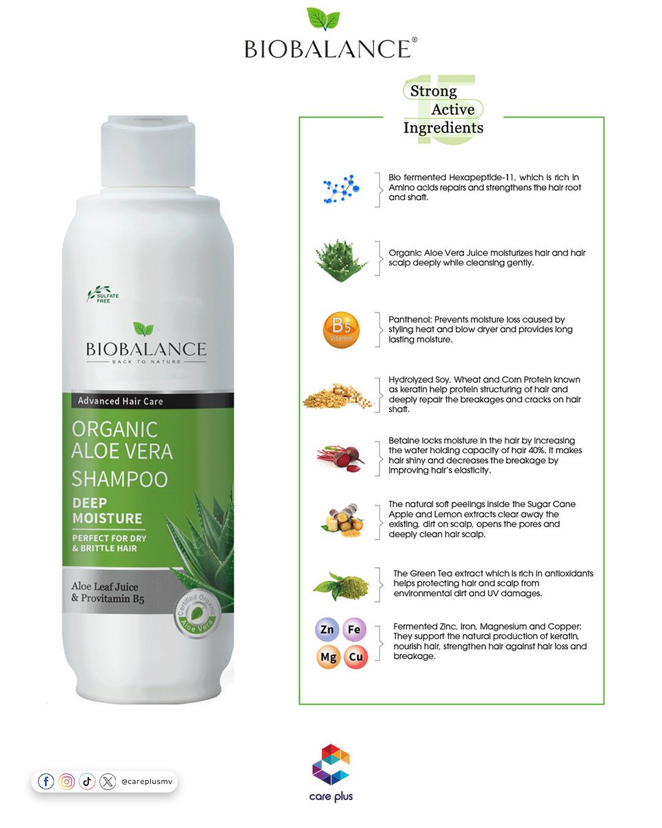 careplusmv's tweet image. 🌿 Nourish your hair the natural way!
Biobalance Organic Aloe Vera Shampoo deeply hydrates, soothes, and revitalizes with every wash. Enriched with Aloe Leaf Juice &amp;amp; Pro-Vitamin B5 for healthier, stronger hair — naturally. 💧✨

#careplusmv #Biobalance #AloeVeraShampoo