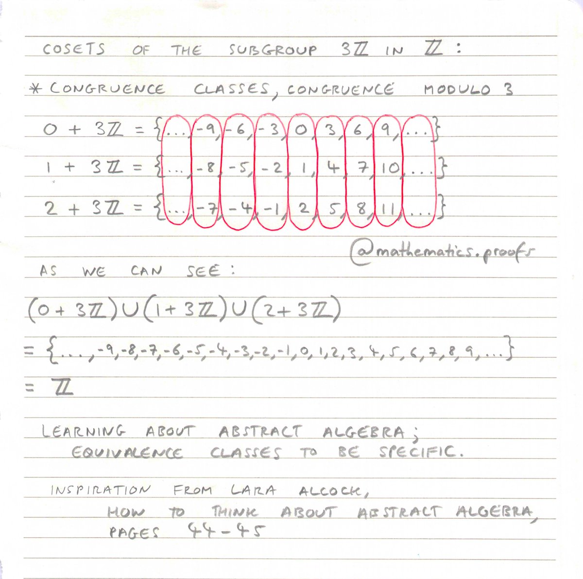 tiago_hands's tweet image. Visualising university mathematics: Cosets of the subgroup 3Z in Z.

Tip: If you can&apos;t understand a larger problem, break it down into a smaller problem. Perform smaller simulations. This is the secret to clarity in maths.

#abstractalgebra #laraalcock #modulararithmetic