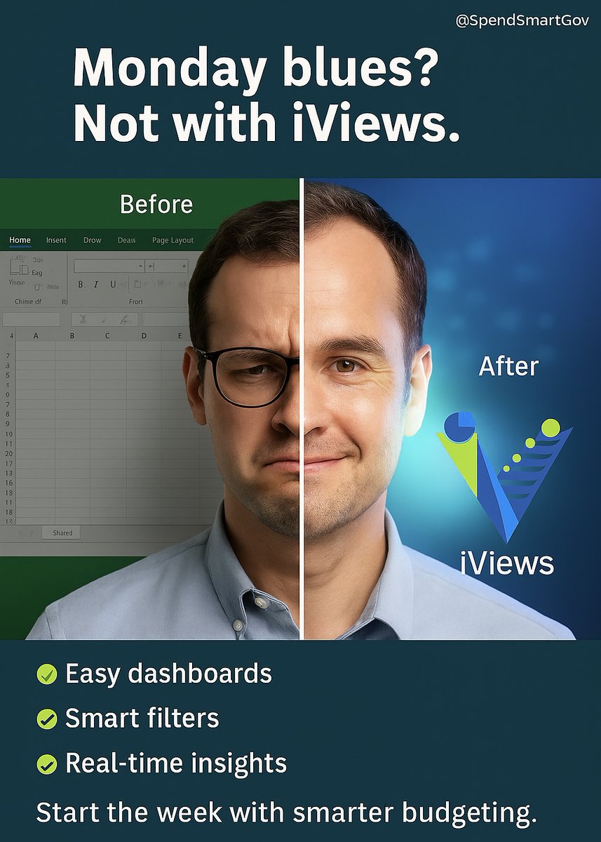 SpendSmartGov's tweet image. “Monday blues?” Not with iViews.​
 Say goodbye to spreadsheet chaos and hello to clarity.​
 ✅ Easy dashboards​
 ✅ Smart filters​
 ✅ Real-time insights​
Start the week with smarter budgeting/spend planning.​
#BudgetMonday #EfficiencyMatters #SpendSmartGov