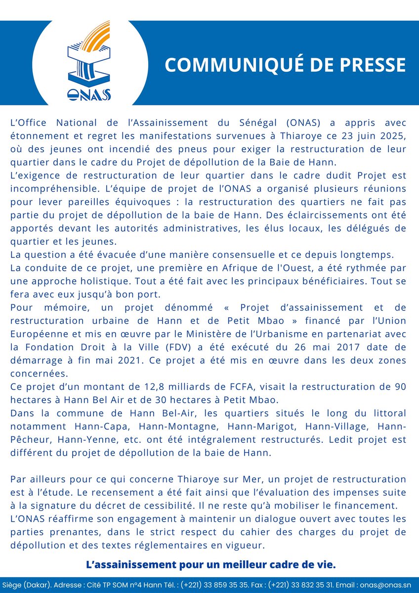 OnasSenegal's tweet photo. #COMMUNIQUÉ
Face à la confusion entretenue autour du Projet de dépollution de la Baie de Hann, l’ONAS tient à rétablir les faits.
#BaiedeHann #Onas https://t.co/2BfnSq8DKl