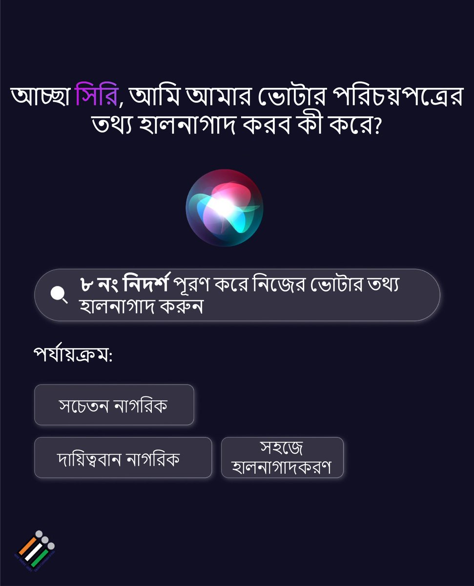 CEOWestBengal's tweet image. Hey Siri, what makes a responsible citizen?

Keeping your voter ID updated with Form 8  #EasyUpdate #Form8 #ECI  

@ECISVEEP  
@SpokespersonECI