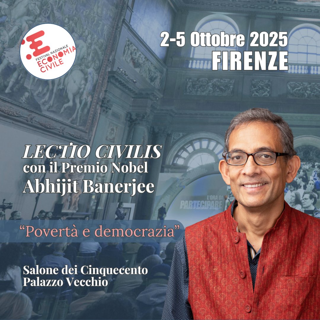 NeXteconomia's tweet image. 🛠 I lavori per #FNEC2025 sono iniziati! 
Dal 2 al 5 ottobre Firenze ospita il #FestivalEconomiaCivile.

🎙️ In anteprima: il Nobel #Banerjee terrà una #LectioCivilis su Povertà e democrazia.

📍 Palazzo Vecchio, 3 ottobre 
🎟  Pre-iscriviti ora: tinyurl.com/2e6hkzwy