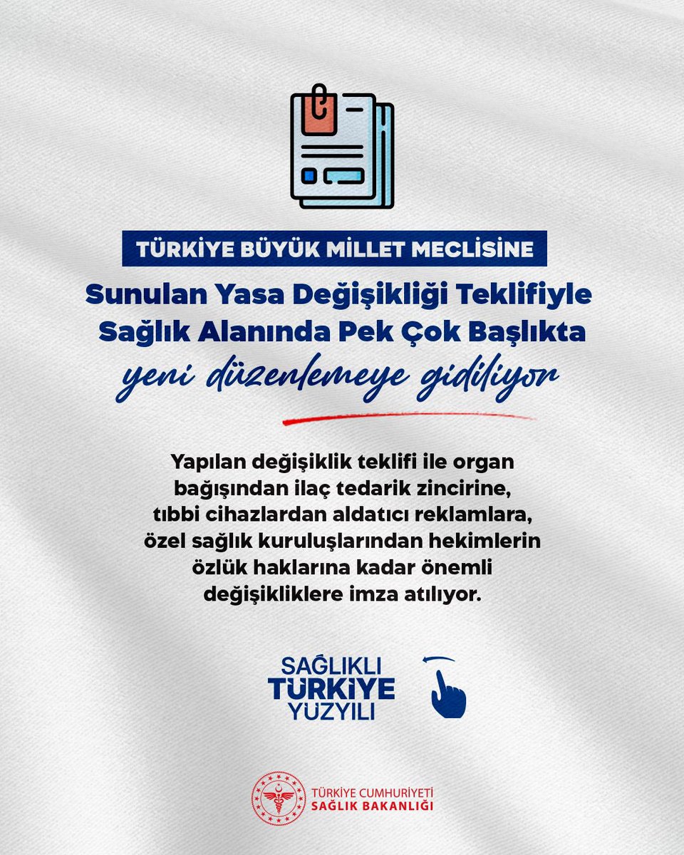 Türkiye Büyük Millet Meclisine sunulan yasa değişikliği teklifiyle sağlık alanında pek çok başlıkta yeni düzenlemeye gidiliyor.

Sağlıklı Türkiye Yüzyılı 🇹🇷