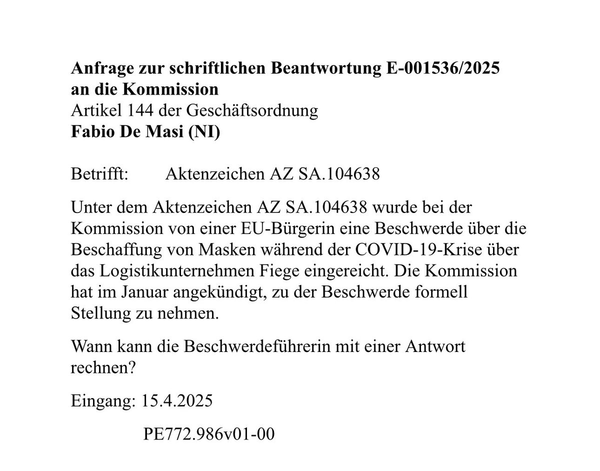 Bei der EU Kommission ist eine Beschwerde zu den Fiege-Deals von Jens Spahn anhängig, die ich bereits 2021 mit parlamentarischen Anfragen im Bundestag thematisiert hatte. Sie hatte eine zeitnahe Antwort im Januar angekündigt. Ich habe nachgefragt wann mit einer Antwort zu rechnen