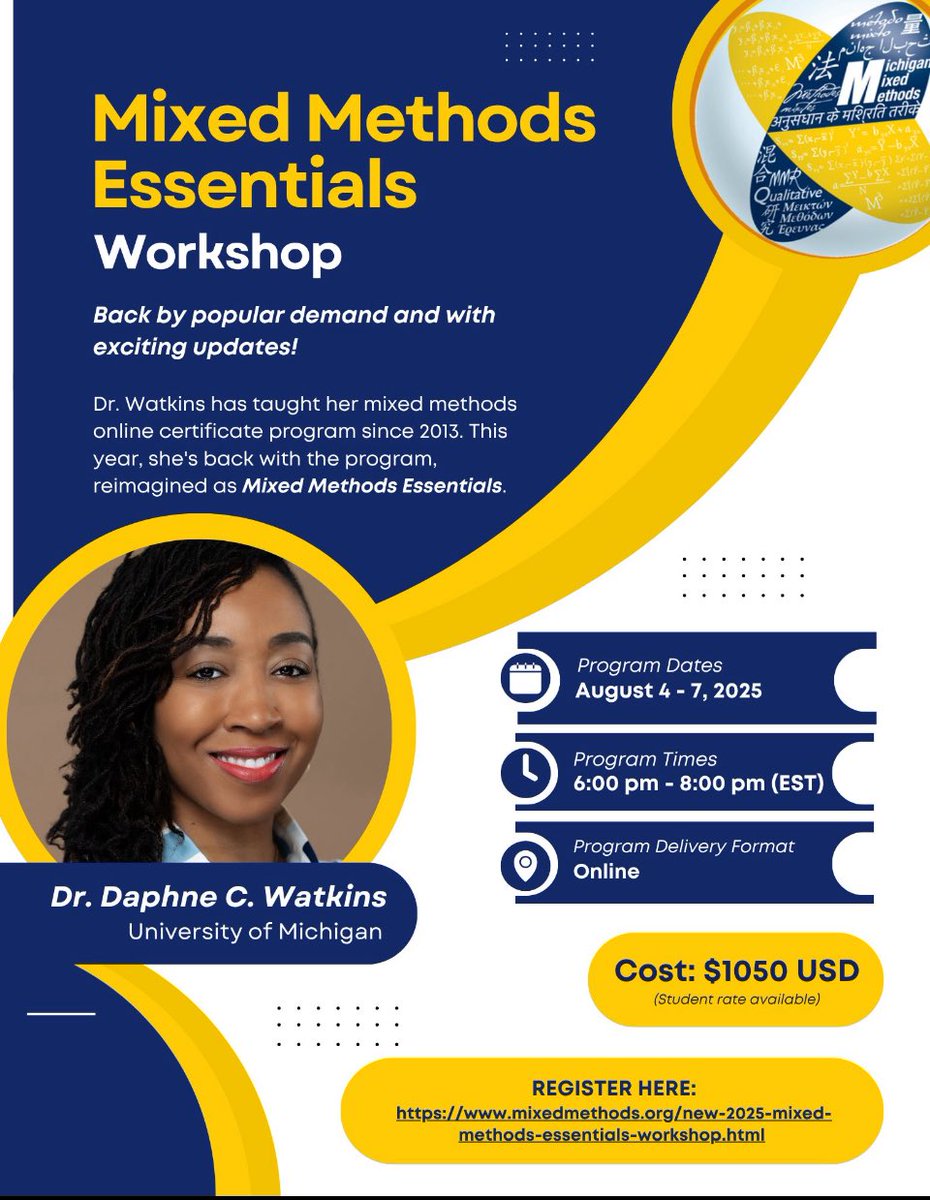 June is almost over, so don’t forget to secure your spot in my “Mixed Methods Essentials” workshop August 4-8,2025.

🔍 Register today! mixedmethods.org/new-2025-mixed…

#MMR #mixedmethods #ResearchWorkshop #MMEssentials