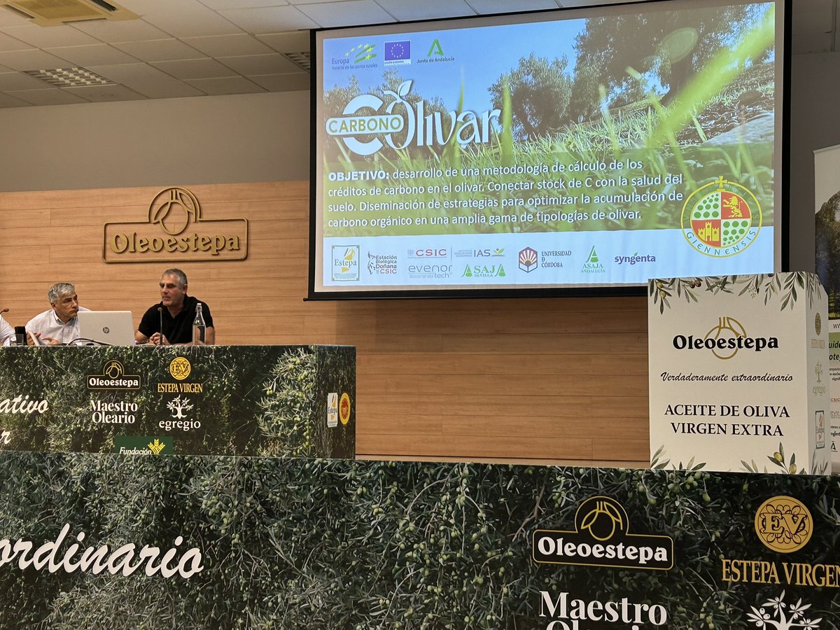 Roberto García y Joaquín Cobos exponen los resultados obtenidos en las 15 fincas de 8 términos municipales que han permitido analizar la cantidad de CO2 que retiene el olivar de #ProducciónIntegrada amparado por la DOP Estepa.
