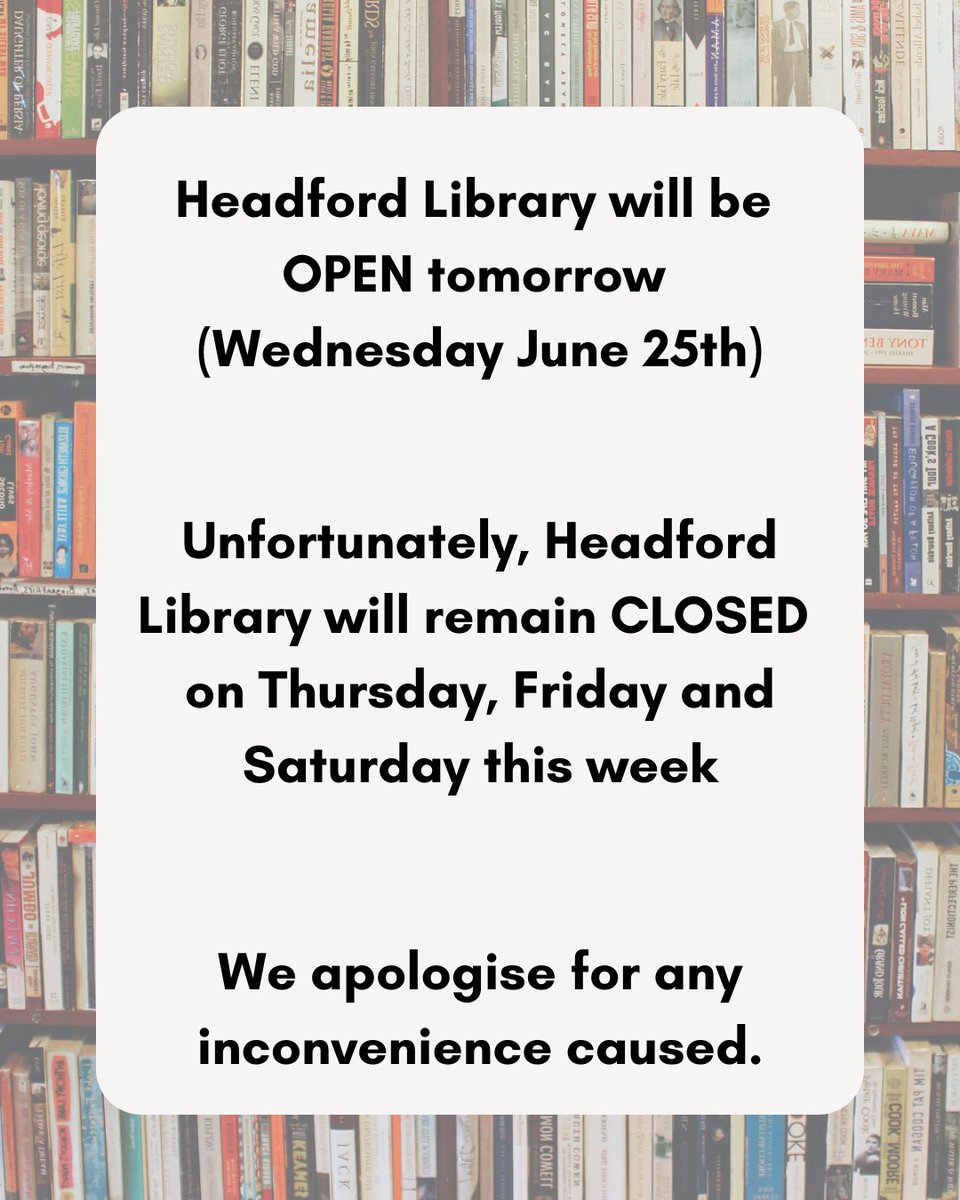 Headford Library will be OPEN tomorrow (Wednesday June 25th).

Unfortunately, Headford Library will remain CLOSED on Thursday, Friday and Saturday this week.

We apologise for any inconvenience caused.