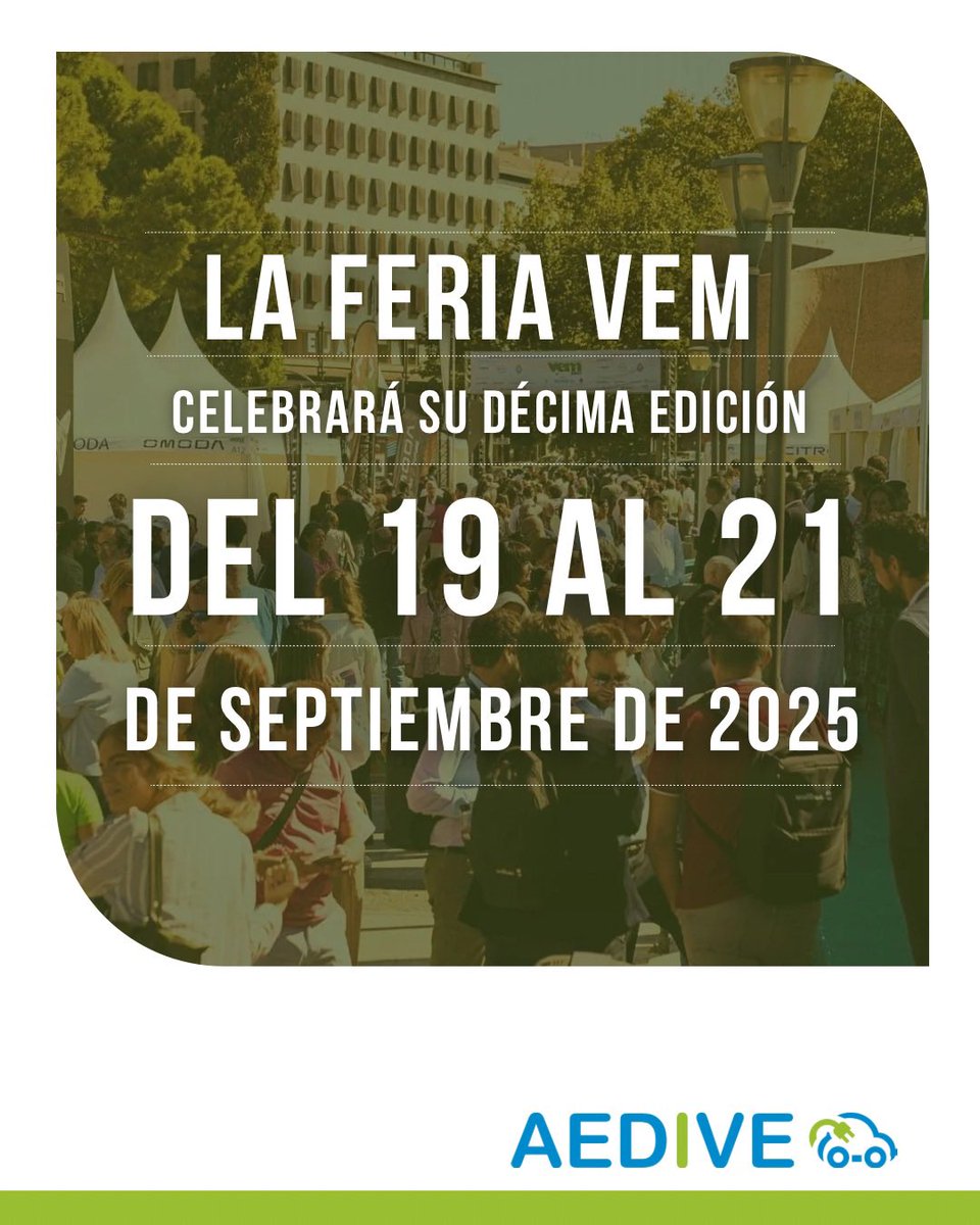 📰 «La Feria VEM celebrará su décima edición del 19 al 21 de septiembre de 2025»

🔘 #VEM2025 repite en su emblemática ubicación en la Plaza de Colón de Madrid, coincidiendo con la Semana Europea de la #Movilidad

Más Info 👉 vem.aedive.es