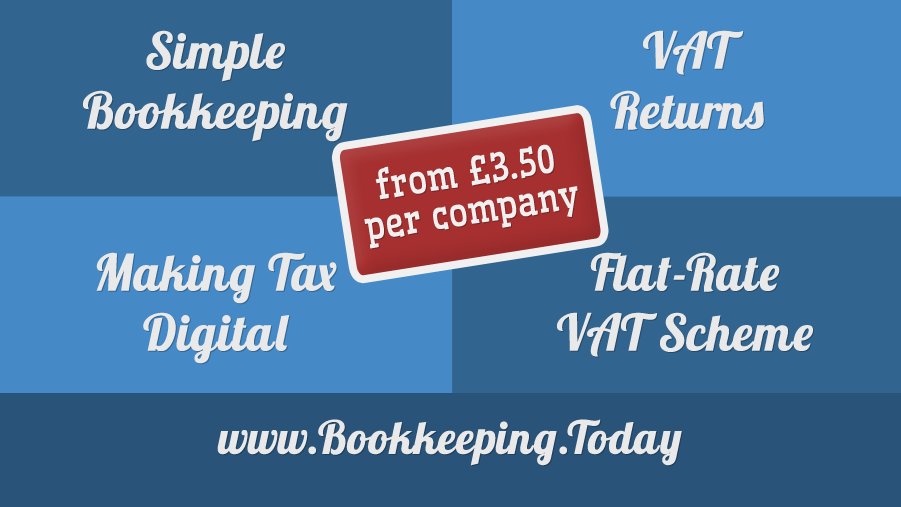 Simple online bookkeeping, VAT &amp; MTD software. Bookkeeping.Today

FREE trial - no card required.  Standard or Flat-Rate VAT.  Only £5 a month, £7 for 2 companies.

#MTD #MakingTaxDigital #bookkeeping #free #app
