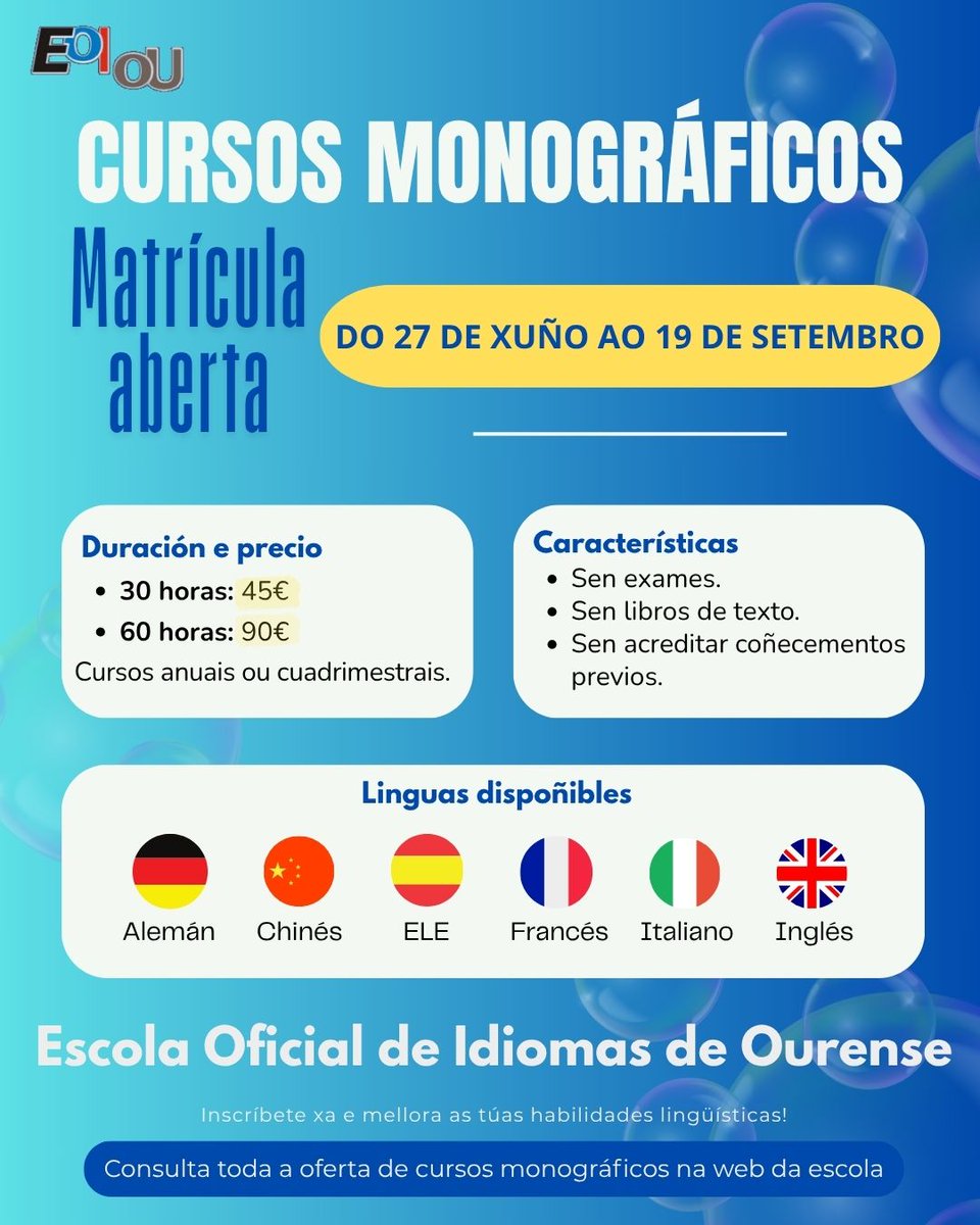 📢 𝕄𝔸𝕋ℝÍℂ𝕌𝕃𝔸 𝔸𝔹𝔼ℝ𝕋𝔸 𝕟𝕠𝕤 ℂ𝕌ℝ𝕊𝕆𝕊 𝕄𝕆ℕ𝕆𝔾ℝÁ𝔽𝕀ℂ𝕆𝕊!
🗓️ Do ❷❼ de xuño ao ❶❾ de setembro
💬 Queres mellorar un idioma sen facer un curso ordinario?
🔹 Cursos anuais ou cuadrimestrais. Sen exames, sen libros, sen presión
🔗 view.genially.com/6829e2eb947540…