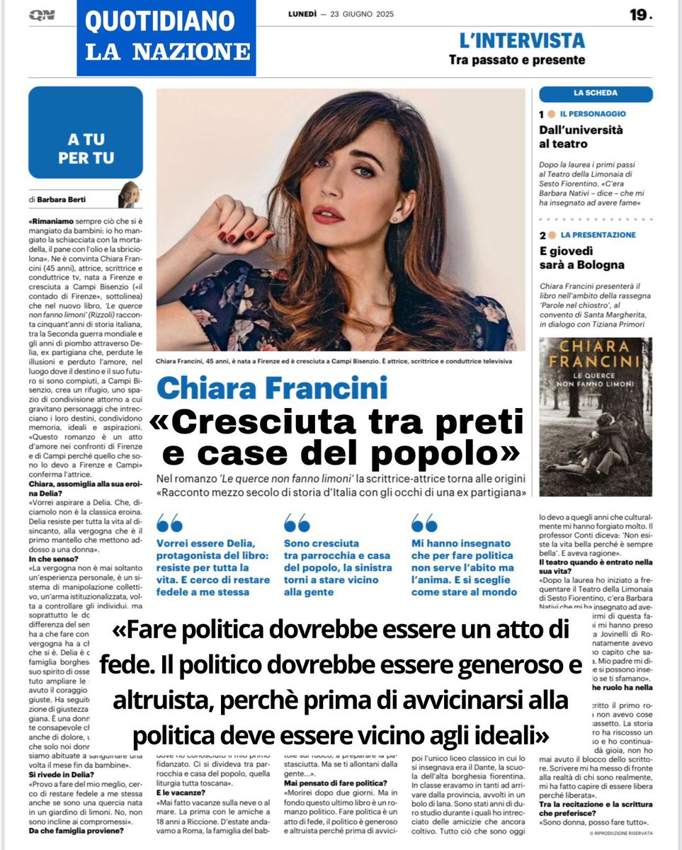 Chiara Francini (@chiarafrancini) on Twitter photo ๐Grazie QN
โ๐๐ซ๐๐ฌ๐๐ข๐ฎ๐ญ๐ ๐ญ๐ซ๐ ๐ฉ๐ซ๐๐ญ๐ข ๐ ๐๐๐ฌ๐ ๐๐๐ฅ ๐ฉ๐จ๐ฉ๐จ๐ฅ๐จโ
La protagonista del suo ultimo romanzo, โLe querce non fanno limoniโ, รจ Delia, ex partigiana:
โ๐๐จ๐ซ๐ซ๐๐ข ๐๐ฌ๐ฌ๐๐ซ๐ ๐๐จ๐ฆ๐ ๐ฅ๐๐ข: ๐ฉ๐๐ซ๐๐ก๐ฬ ๐ก๐ ๐ซ๐๐ฌ๐ข๐ฌ๐ญ๐ข๐ญ๐จ ๐ญ๐ฎ๐ญ๐ญ๐ ๐ฅ๐ ๐Grazie QN
โ๐๐ซ๐๐ฌ๐๐ข๐ฎ๐ญ๐ ๐ญ๐ซ๐ ๐ฉ๐ซ๐๐ญ๐ข ๐ ๐๐๐ฌ๐ ๐๐๐ฅ ๐ฉ๐จ๐ฉ๐จ๐ฅ๐จโ
La protagonista del suo ultimo romanzo, โLe querce non fanno limoniโ, รจ Delia, ex partigiana:
โ๐๐จ๐ซ๐ซ๐๐ข ๐๐ฌ๐ฌ๐๐ซ๐ ๐๐จ๐ฆ๐ ๐ฅ๐๐ข: ๐ฉ๐๐ซ๐๐ก๐ฬ ๐ก๐ ๐ซ๐๐ฌ๐ข๐ฌ๐ญ๐ข๐ญ๐จ ๐ญ๐ฎ๐ญ๐ญ๐ ๐ฅ๐
