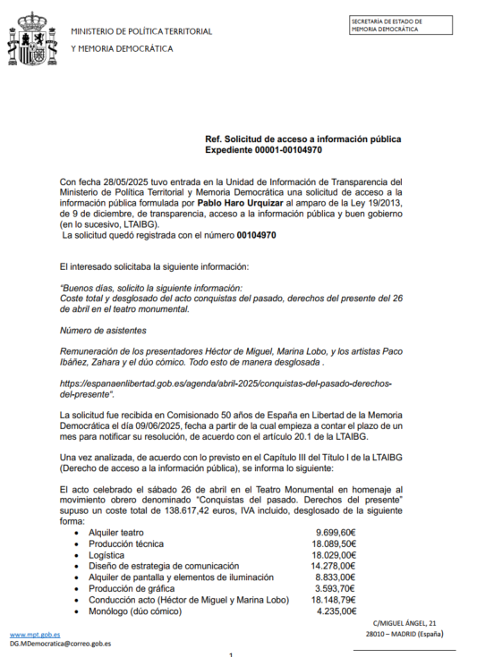 pabloharour's tweet photo. @HVeintipico @HectordeMiguel @marinaLobL Aquí os dejo un documento oficial del Ministerio de Política Territorial que acredita que cobrasteis 18.149,79  euros por presentar un evento del año Franco.

Se creéis que miento, ya sabéis lo que tenéis que hacer https://t.co/mmiuYjWtPs