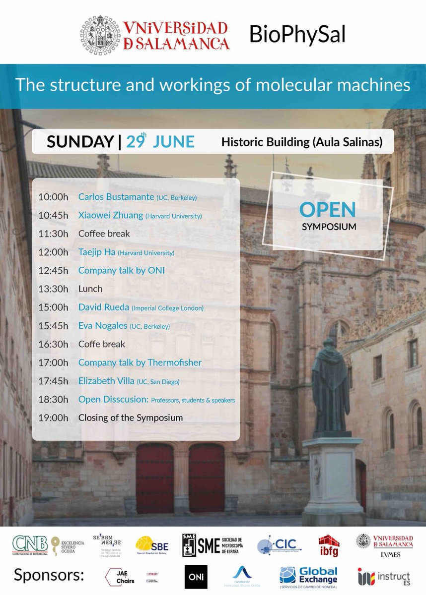 This Sunday, June 29, <a href="/usal/">Universidad de Salamanca</a> will host a biophysics symposium featuring top-tier speakers. The event is aimed at university students and open to the general public. 

One of the talks will be given by Eva Nogales, professor at <a href="/UCBerkeley/">UC Berkeley</a> and JAE-Chair of <a href="/CSIC/">CSIC</a> at the #CNB_CSIC.