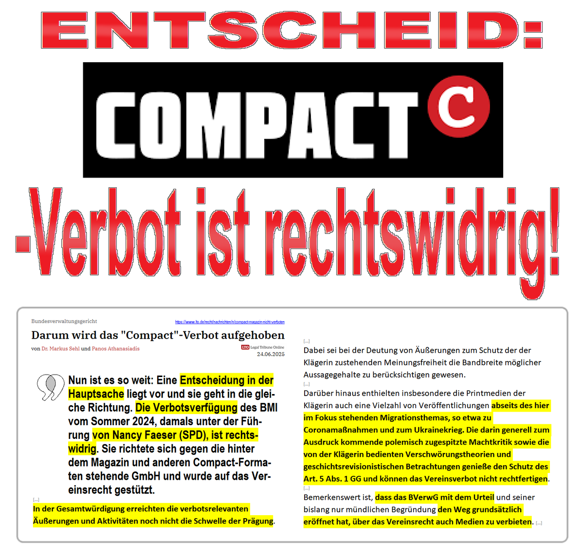6o7Unimatrix01's tweet photo. Natürlich war das #Compact-#Verbot der Nancy #Faeser #rechtswidrig... Obwohl es heisst, sie sei Juristin. Dann muss man sich seinen Teil selber denken. Riecht nach Amtsmissbrauch! https://t.co/lrc0OJ9wLC