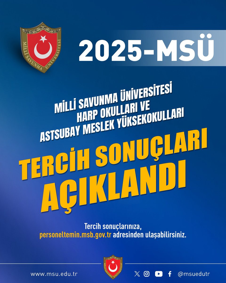 Tekirdağ İl Millî Eğitim Müdürlüğü (@tekirdagmem) on Twitter photo 📣 2025 yılı Millî Savunma Üniversitesi (MSÜ) Harp Okulları ve Astsubay Meslek Yüksekokulları tercih sonuçları açıklanmıştır. İkinci seçim aşamasına katılmaya hak kazanan adayların listesi erişime açılmıştır.
🔗 meb.ai/U51k62D
<a href="/tcmeb/">Millî Eğitim Bakanlığı</a> <a href="/Yusuf__Tekin/">Yusuf Tekin</a>
<a href="/drazizyeniyol/">Dr. Abdülaziz YENİYOL</a> 📣 2025 yılı Millî Savunma Üniversitesi (MSÜ) Harp Okulları ve Astsubay Meslek Yüksekokulları tercih sonuçları açıklanmıştır. İkinci seçim aşamasına katılmaya hak kazanan adayların listesi erişime açılmıştır.
🔗 meb.ai/U51k62D
<a href="/tcmeb/">Millî Eğitim Bakanlığı</a> <a href="/Yusuf__Tekin/">Yusuf Tekin</a>
<a href="/drazizyeniyol/">Dr. Abdülaziz YENİYOL</a>