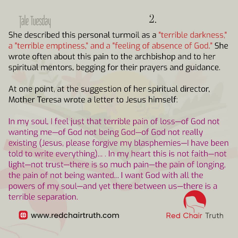 redchairtruth1's tweet image. What do you do when God feels silent, the pain lingers, and others still look to you for strength?
Mother Teresa lived through that darkness—and didn’t stop giving. Where did her strength come from?

Uncover it this Tale Tuesday.

#RedChairTruth #TaleTuesday #Faith #RCT #ItaUdoh