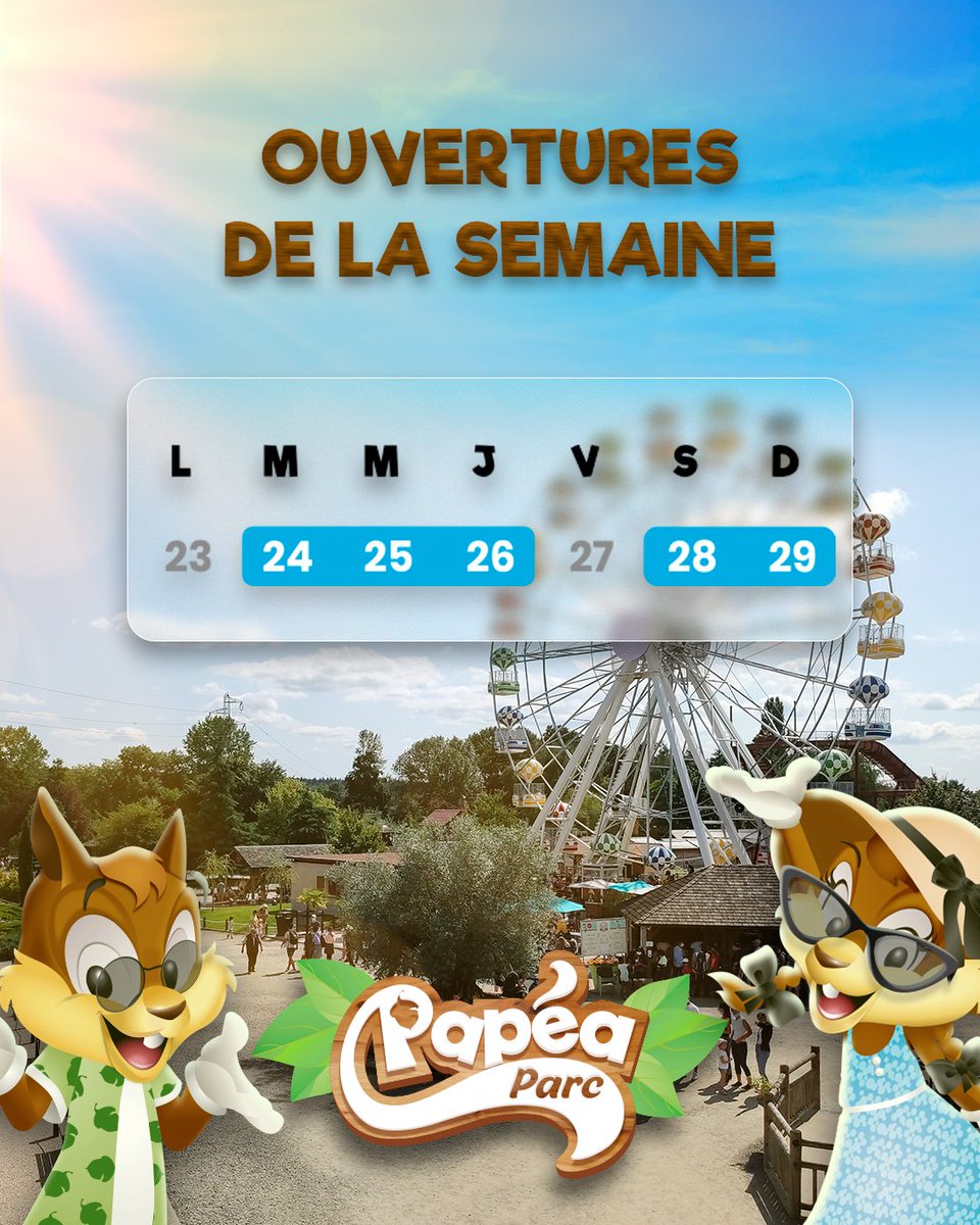 PapeaParc's tweet photo. 🎢 Planning de la semaine à Papéa Parc ! 🌞

Envie de vous amuser en famille ou entre amis ? Bonne nouvelle, le parc est ouvert :

✅ Aujourd’hui, mardi 24 juin
✅ Mercredi 25 juin
✅ Jeudi 26 juin
✅ Samedi 28 juin
✅ Dimanche 29 juin https://t.co/mO6h3yuxYj