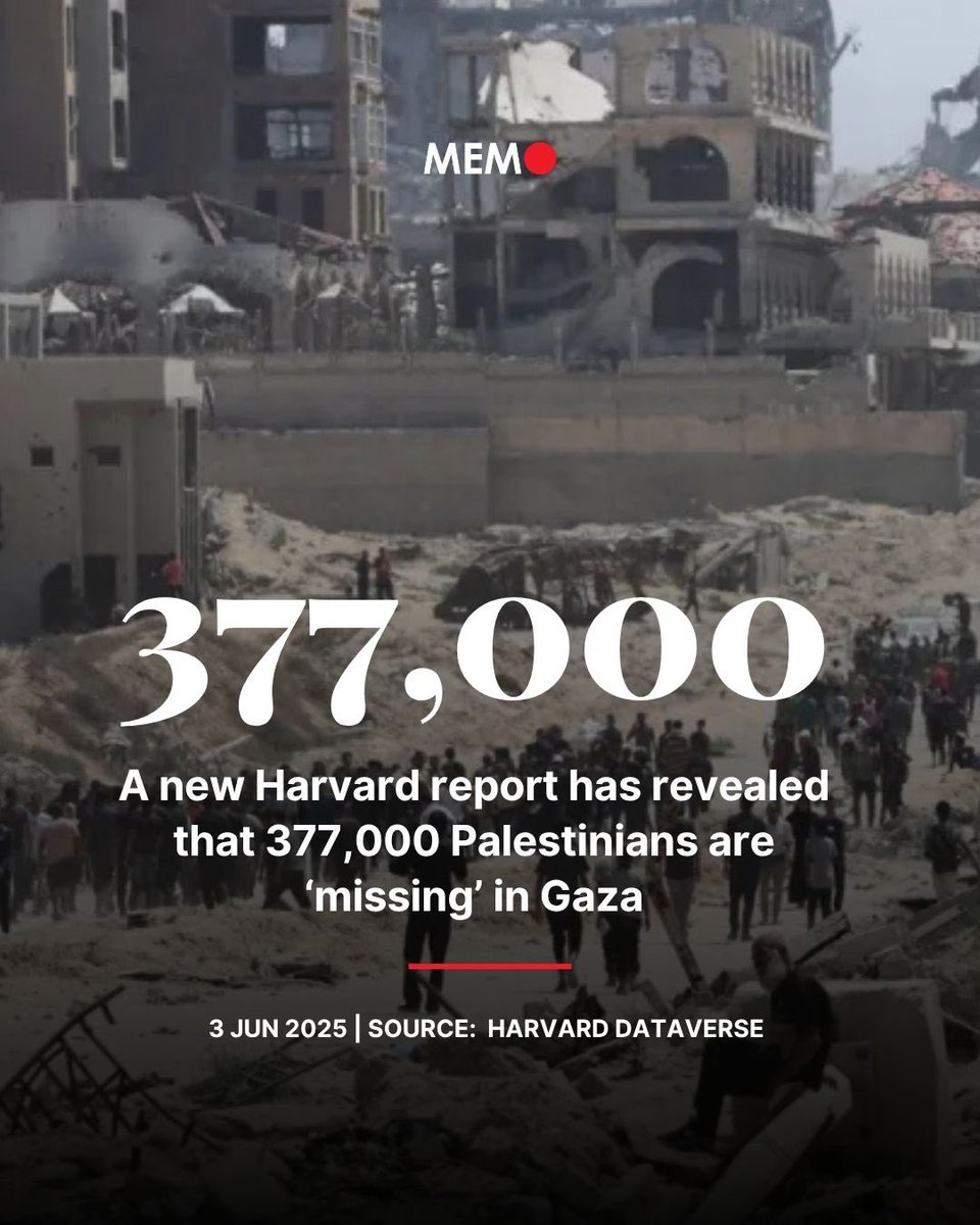 Da Harvard Dataverse emerge un dato sconvolgente:
377.000 palestinesi sono scomparse, sepolti sotto le macerie a Gaza.
Il 18% della popolazione è stata uccisa.
Il 50% della popolazione sono bambini, quindi, 150k bambini sono stati sterminati.
È una sconfitta della civiltà umana.