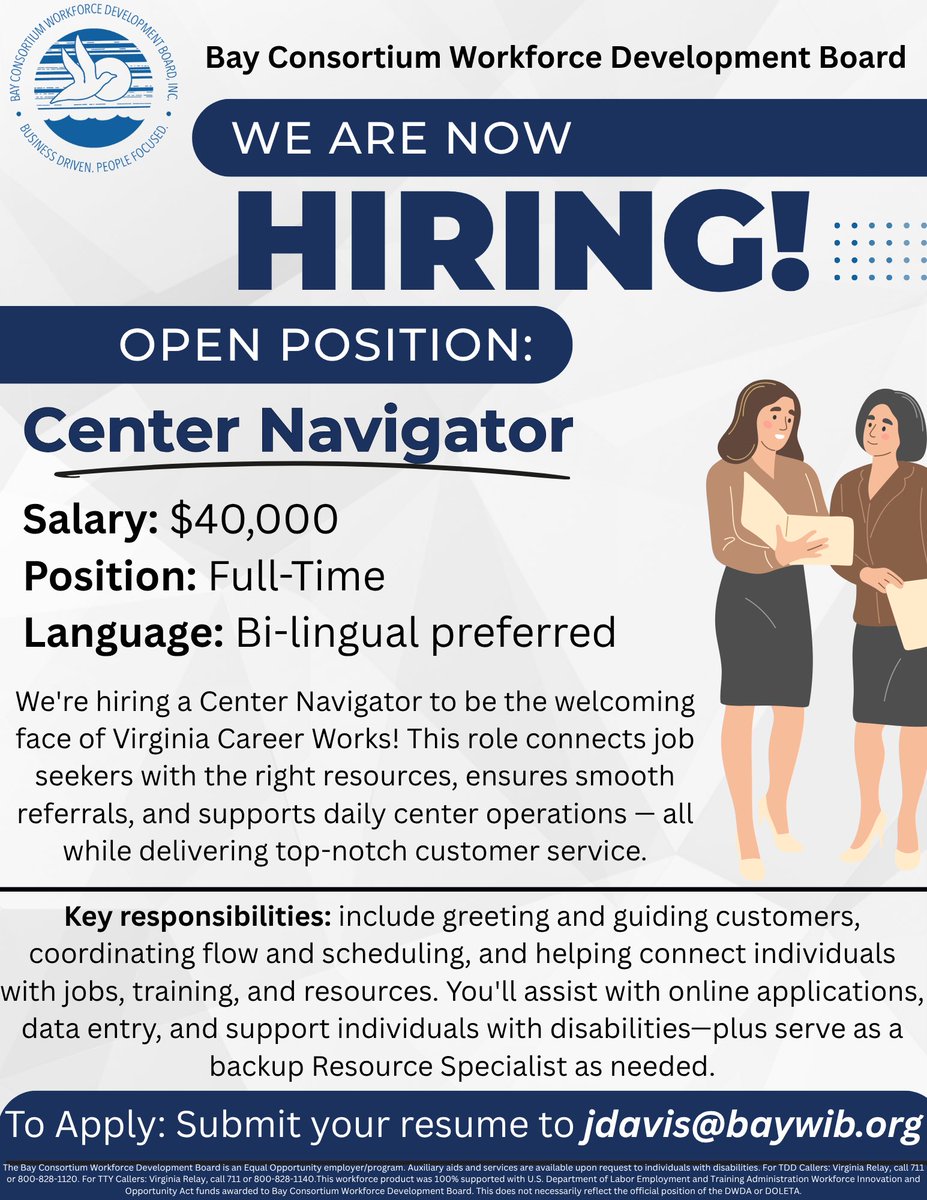 We are hiring a Center Navigator! Send in your resume to apply. #hiring #bayconsortium
#virginiacareerworks #WorkWithPurpose