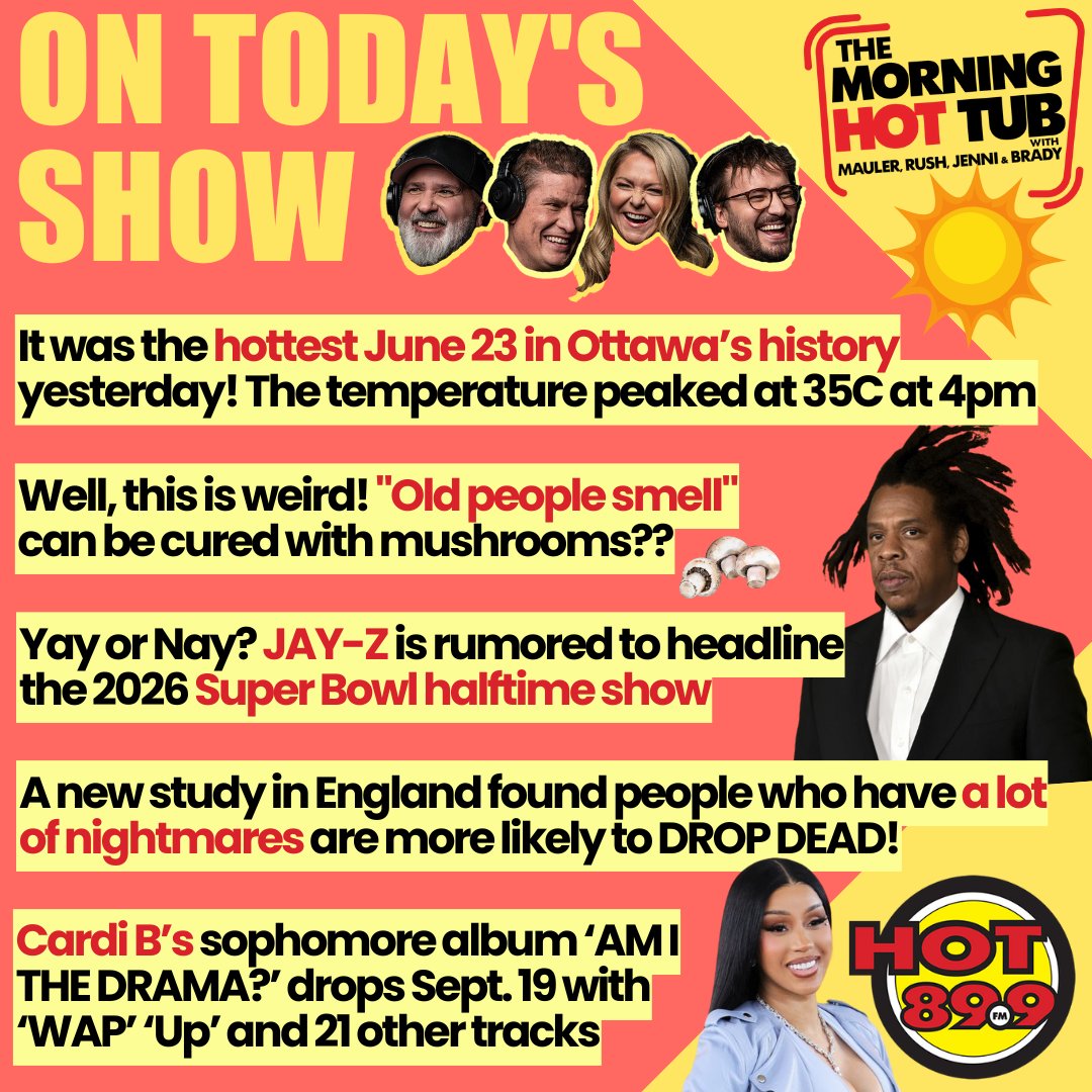 Another SUPER hot day. How are you surviving the heat? Are your kiddos staying home from school? Happy Tuesday, hotties! Mauler, Rush, Jenni and Brady are on your radio and already having a blast this AM! Don't miss it!!

High of 34, but it'll feel like 43 #Ottawa #OttNews