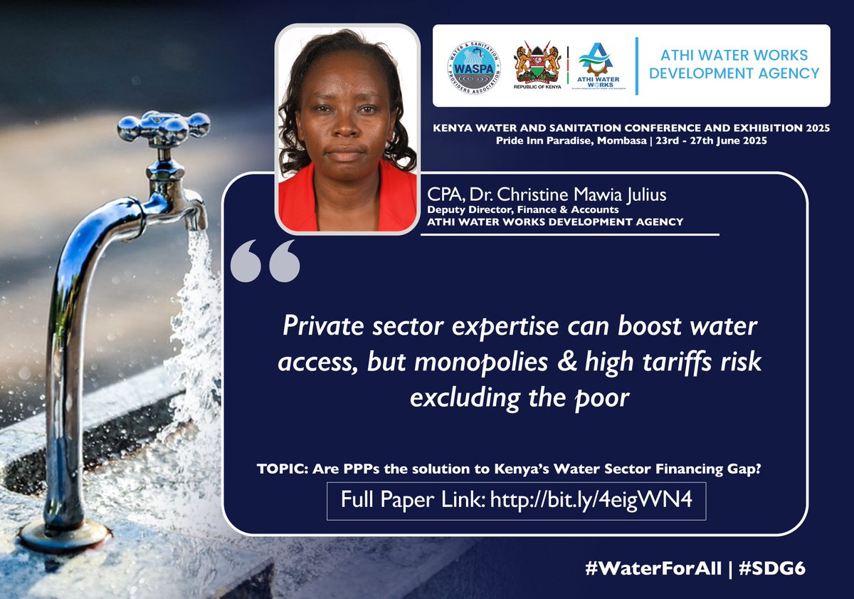 AthiWaterWorks's tweet photo. Here are key insights from Dr. Christine Mawia's keynote address during the Kenya Water and Sanitation Conference &amp; Exhibition 2025 on the topic: Are PPPs the Solution to Kenya's Water Sector Financing Gap?  Access the full paper via the link: https://t.co/7yD5JIuZ2C https://t.co/5Gn0pZrdjy