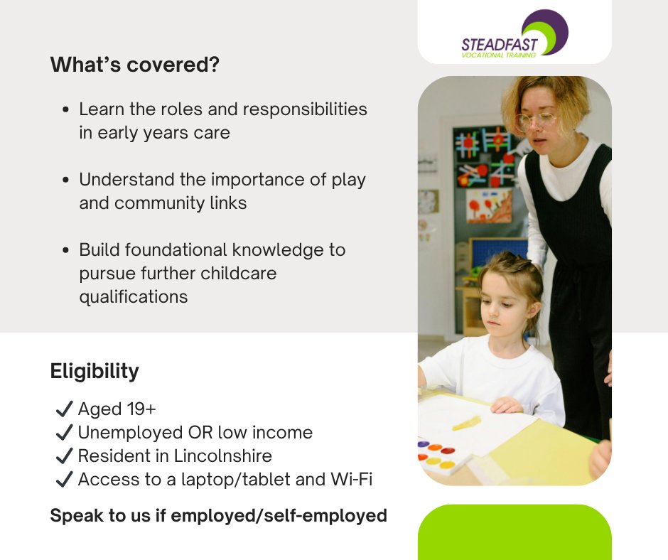 Are you interested in a career in childcare or want to understand more about working with young children?

Join our 1-week course starting August 5th 

📞 Call 01775 513050 or
📧 Email upskill@steadfasttraining.co.uk
to register or find out more!