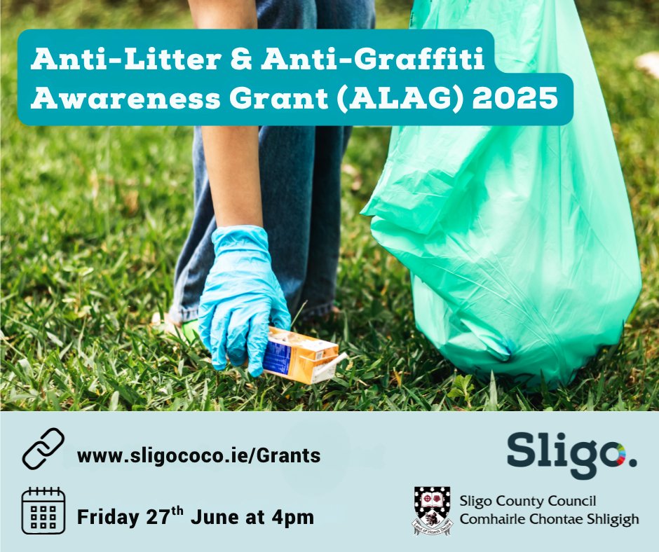 The 2025 ALAG Grant supports individuals, schools, &amp; community groups in Sligo who are passionate about raising awareness and tackling litter and graffiti issues. 🌍🧼🎨

📅Deadline: 4pm on Friday, 27th June

🌐Apply &amp; learn more at: sligococo.ie/Grants
#ALAG #Grant