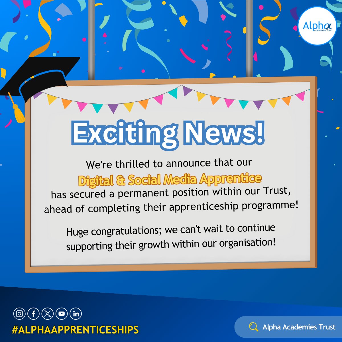 We're thrilled to share that our incredible Digital &amp; Social Media Apprentice has already secured a permanent position within our Trust, even before completing their programme! 🚀

Massive Congratulations!

#apprenticeship #JobSuccess #alphaacademiestrust