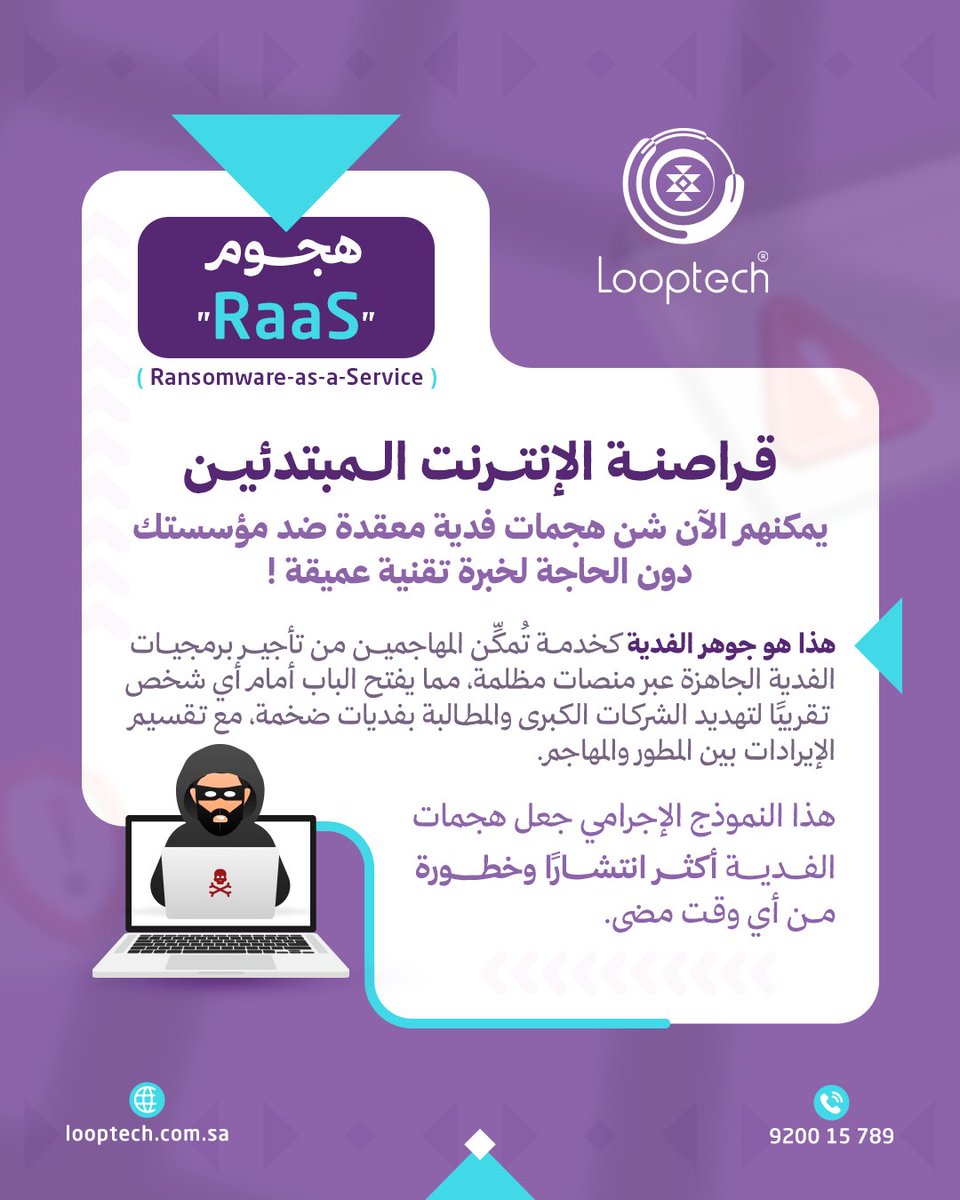 🛡️ كيف تواجه Raas وتحمي عملك؟

في Looptech، نؤمن بأن الدفاع الاستباقي هو مفتاح الأمان 🔐
إليك أبرز استراتيجيات المواجهة التي ننصح بها:

📦 النسخ الاحتياطي المعزول:
حافظ على نسخ متعددة خارج الشبكة لتأمين خيارات الاسترداد دون دفع الفدية.

🧠 المراقبة السلوكية:
استخدم حلول الذكاء