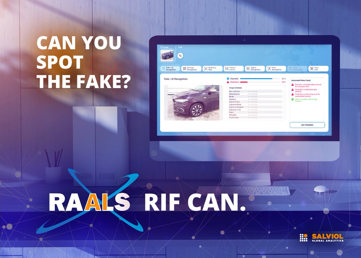 SalviolGA's tweet photo. 🕵️ Is that claim photo real?

With AI image fraud detection, it better be.
RAALS RIF spots doctored photos, reused images &amp; metadata anomalies—in seconds.
🔗 Read more: [https://t.co/WZoDD4z5xA]

#AI #InsuranceFraud #InsurTech #RAALS #FraudDetection https://t.co/yeLjBxzCnn