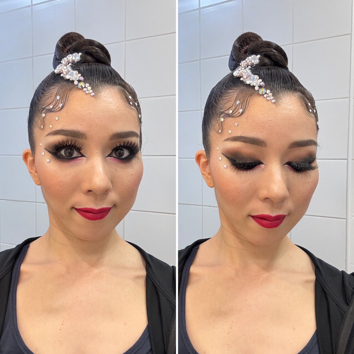 ヘアはシンプルアップ&amp;メイクはブラウン〜ゴールド🤎💛に差し色ピンク🩷
#社交ダンス #髪上げ #競技ダンス #ヘアセット #学生競技ダンス