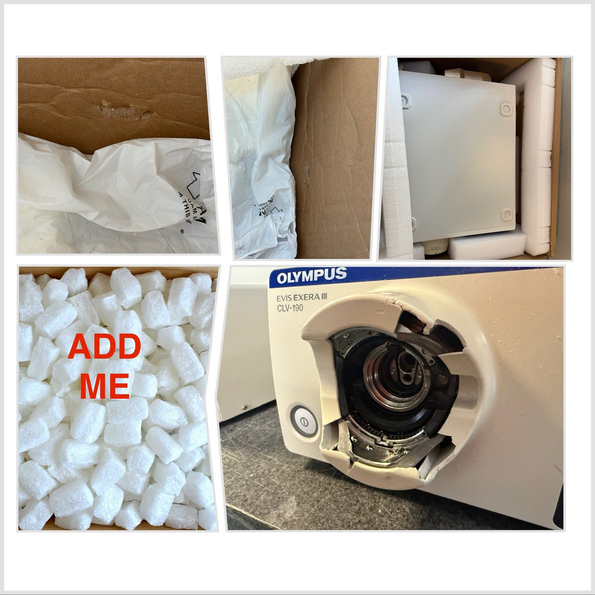LSVRFL's tweet photo. Avoiding shipping damage to heavier equipment can be a challenge. This unit looked well packed, yet still got damaged.
Sometimes adding those annoying shipping peanuts can add just little extra protection!
#lsvr #surgery #tiptuesday #endoscopy #hospital #biomedical https://t.co/kAxURwZmQd