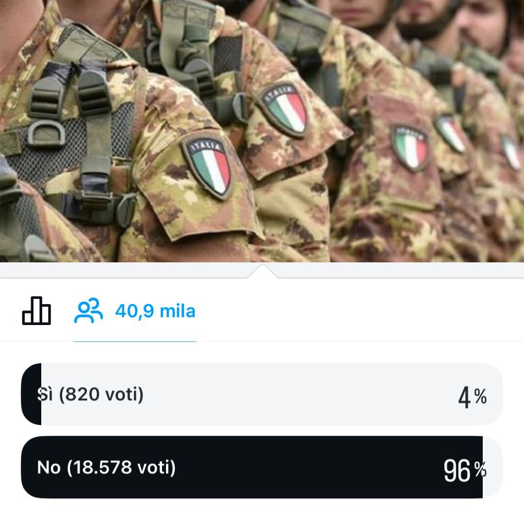 "Saresti disponibile ad arruolarti e vestire la divisa in caso di estrema necessità?"
Questi sono i risultati che ho raccolto in 24 ore (sul mio profilo Instagram).
In totale hanno votato 19.398 persone (contro le 500 intervista nel sondaggio del Ministero della Difesa italiano).