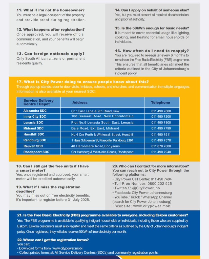 📢 Qualify for FREE electricity? City Power’s FBE drive is on!
📅 17 June–31 July 2025
💡 50kWh monthly
📍 Register at pop-ups, SDCs, taxi ranks, churches &amp; more.

Save on costs. Apply now!

#CityPower #WeServeJoburg #FBE #JoburgUpdates