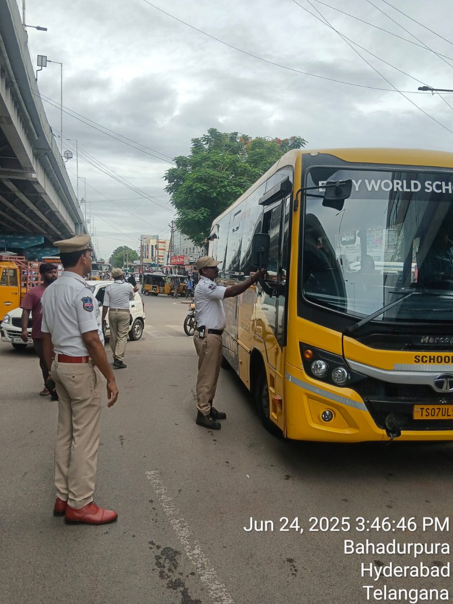 Good morning sir. Conducted special Drives on School Buses and Autos at Bahadurpura X road and imposed fines on traffic rules violators and detained an Auto who droves without Driving License, earlier we have conducted awareness programs and informed them to follow traffic rules.