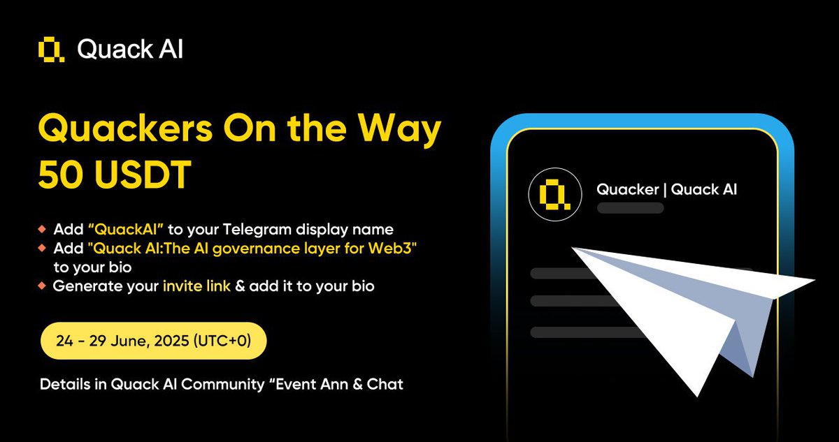 QuackAI_AI's tweet photo. 🦆 Quackers On the Way — $50 USDT up for grabs!

Show you're a real one &amp; win daily USDT rewards 💸

June 24–29 | 5 winners/day | 2 $USDT each

👇 How to enter + rules in thread🧵:

#Airdrop #Giveaway #Web3Community #QuackAI https://t.co/gWn1wV4aLj