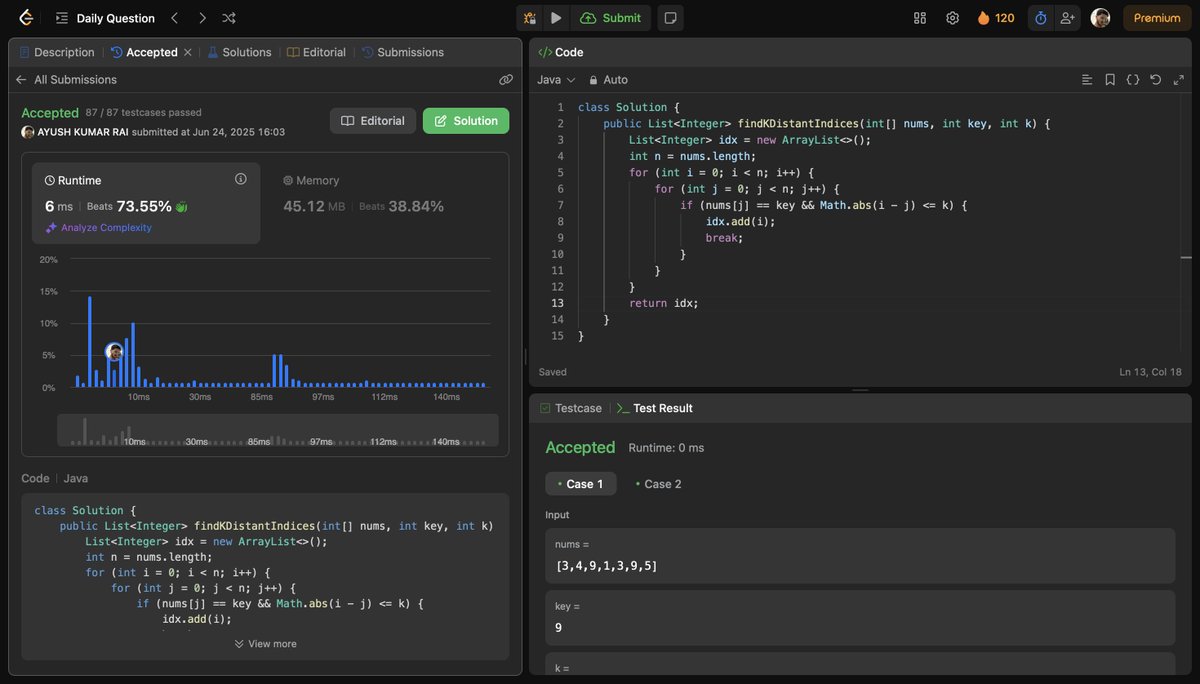 ayush_kumarrai's tweet photo. Just solved today’s LeetCode POTD with a simple brute-force approach (O(n²)) since it was an easy one 💻✅. Didn’t overcomplicate—sometimes going basic does the job perfectly! 🔥
#LeetCode #POTD #Java #Ayushkumarrai https://t.co/yIYrul0Thv