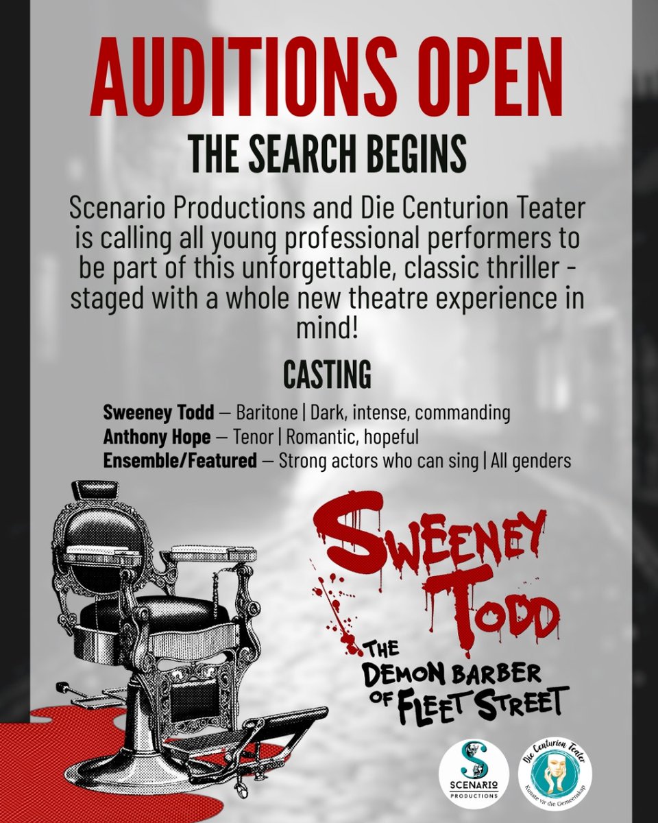 AUDITIONS: 

Can you sing and act? 

Scenario Productions and Die Centurion Teater are looking to cast  the lead role of Sweeney Todd and several key characters in the upcoming musical. 

Sweeney Todd role requires a Baritone singer/actor.

"Anthony" requires a Tenor 

Ensemble
