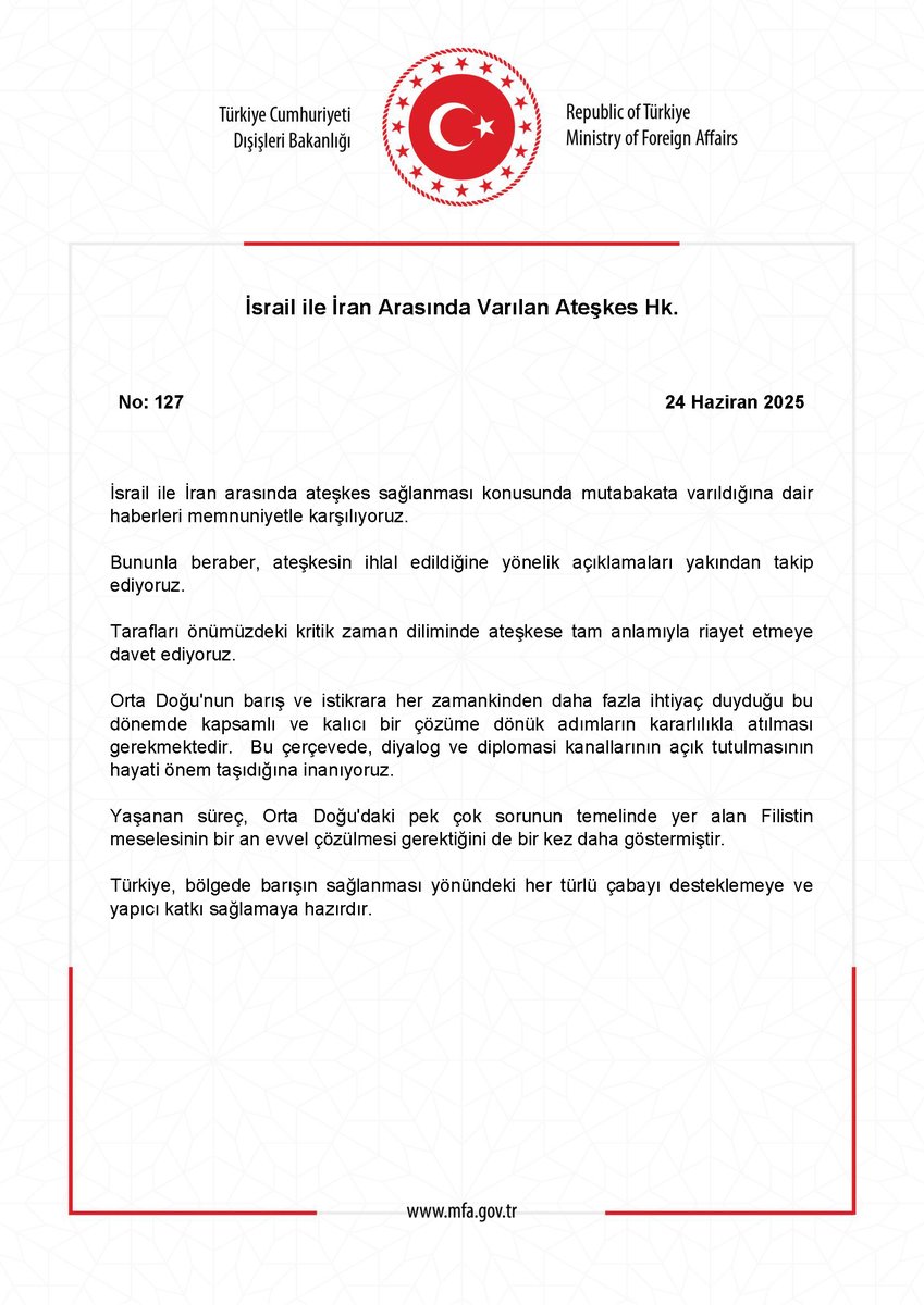 İsrail ile İran Arasında Varılan Ateşkes Hk. mfa.gov.tr/no_-127_-israi…