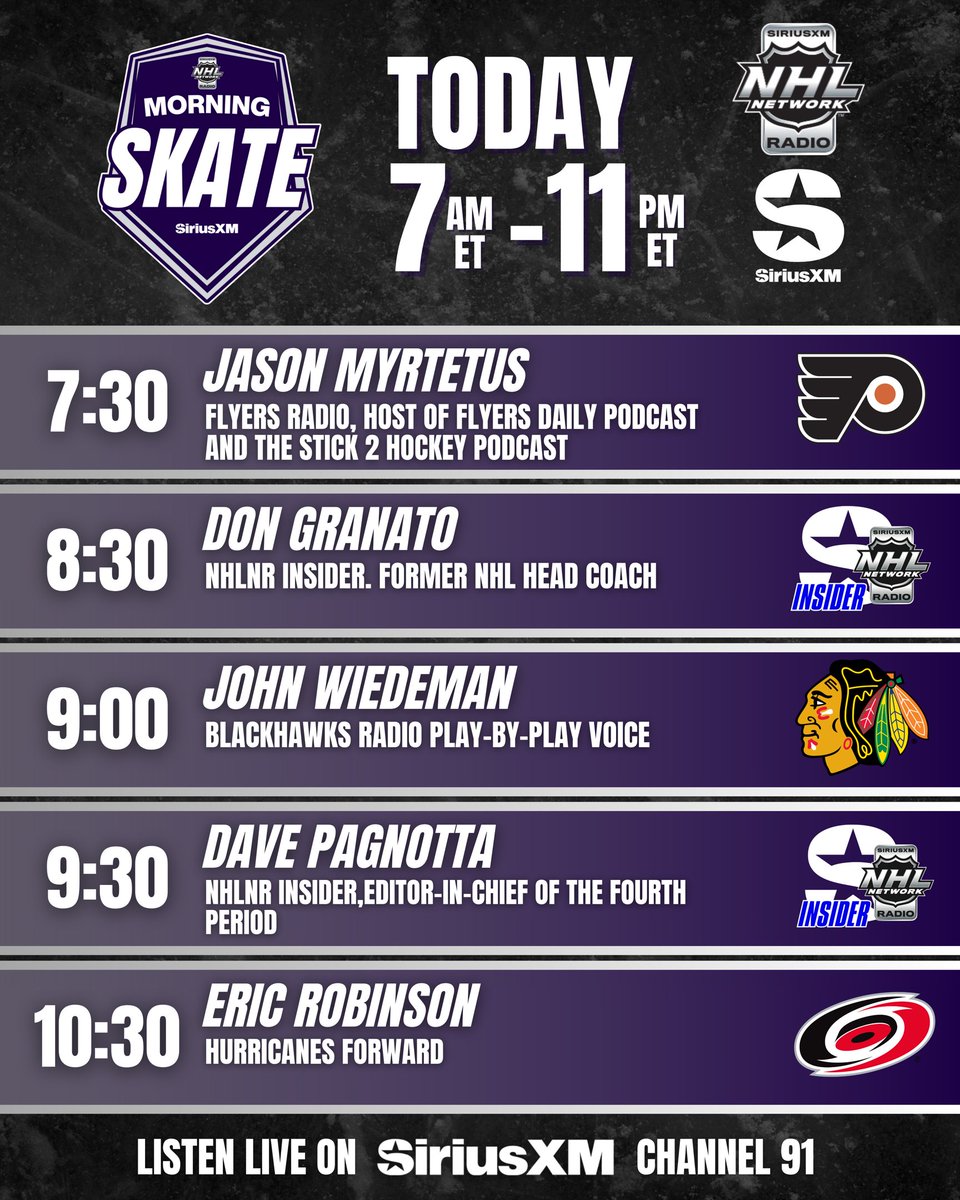 SiriusXM NHL Network Radio (@siriusxmnhl) on Twitter photo NHL Morning Skate is LIVE 7AM-11AM ET!
7-7:30 Tour Around The NHL with <a href="/LaughlinSXM/">Scott Laughlin</a> &
<a href="/tylermadarasz47/">Tyler Madarasz™</a>
7:30 <a href="/jasonmyrt/">Jason Myrtetus</a> #LetsGoFlyers
8-10 <a href="/LaughlinSXM/">Scott Laughlin</a> & <a href="/GordStellick/">Gord Stellick</a>
10-11 <a href="/GordStellick/">Gord Stellick</a> & <a href="/mike_p_johnson/">Mike Johnson</a>
SiriusXM.ca/NHLLive/ NHL Morning Skate is LIVE 7AM-11AM ET!
7-7:30 Tour Around The NHL with <a href="/LaughlinSXM/">Scott Laughlin</a> &
<a href="/tylermadarasz47/">Tyler Madarasz™</a>
7:30 <a href="/jasonmyrt/">Jason Myrtetus</a> #LetsGoFlyers
8-10 <a href="/LaughlinSXM/">Scott Laughlin</a> & <a href="/GordStellick/">Gord Stellick</a>
10-11 <a href="/GordStellick/">Gord Stellick</a> & <a href="/mike_p_johnson/">Mike Johnson</a>
SiriusXM.ca/NHLLive/