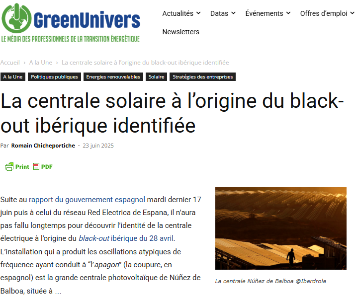 Des nouvelles du black out ibérique : 

 => c'est PAS LES RENOUVELABLES, 

mais on a identifié la centrale solaire qui en est à l'origine.