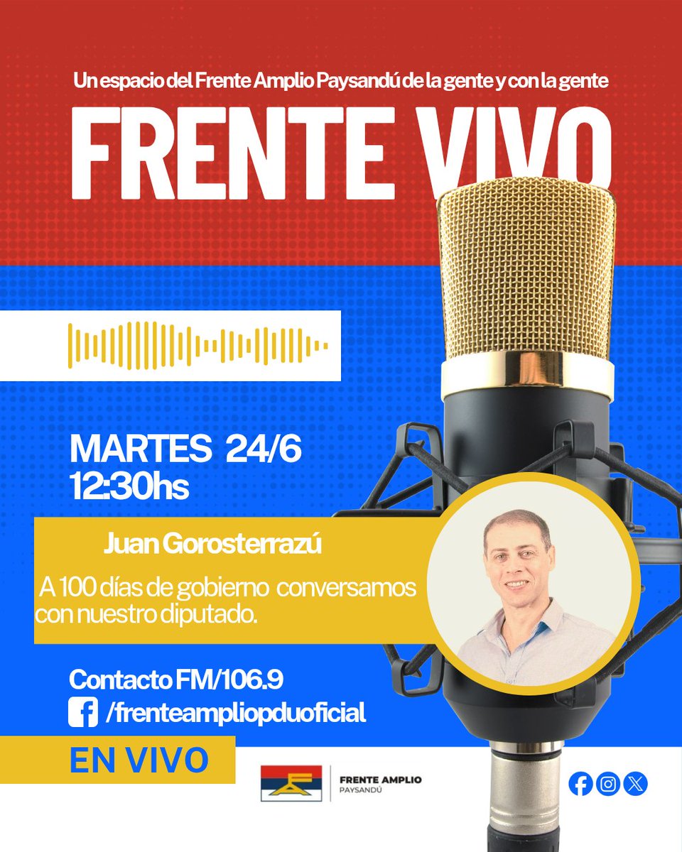 Frente Amplio Paysandú (@frentepaysandu) on Twitter photo Cómo todos los martes, nos encontramos por Contacto FM y nuestra página de facebook #frenteampliopduoficial
Hoy conversamos con nuestro diputado el compañero Juan Gorosterrazú <a href="/jgorosterra/">Juan Antonio Gorosterrazú Rivero</a> Cómo todos los martes, nos encontramos por Contacto FM y nuestra página de facebook #frenteampliopduoficial
Hoy conversamos con nuestro diputado el compañero Juan Gorosterrazú <a href="/jgorosterra/">Juan Antonio Gorosterrazú Rivero</a>